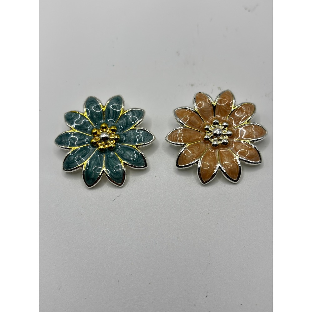 Vintage Style Floral Enamel Brooch Pin Set Teal Green Peach Orange Flower Daisy